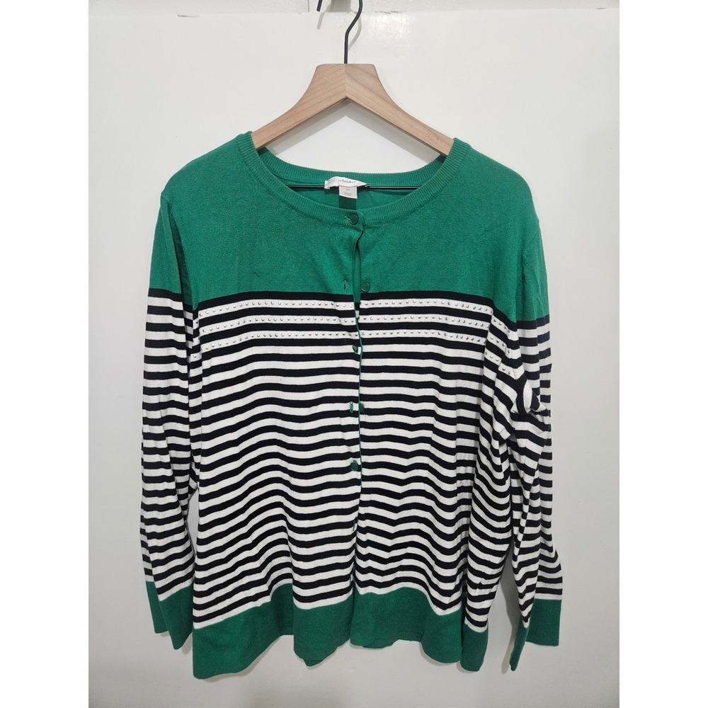 CJ Banks Womens 2X Green Navy Striped‎ Studded Button Front Cardigan Sweater